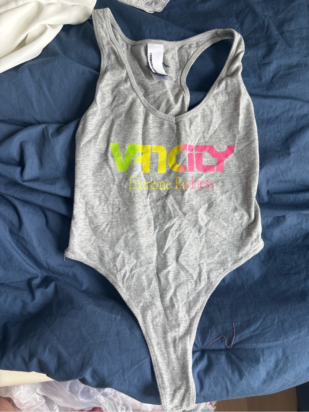 Gray Graphic Racerback Bodysuit with Neon Logo